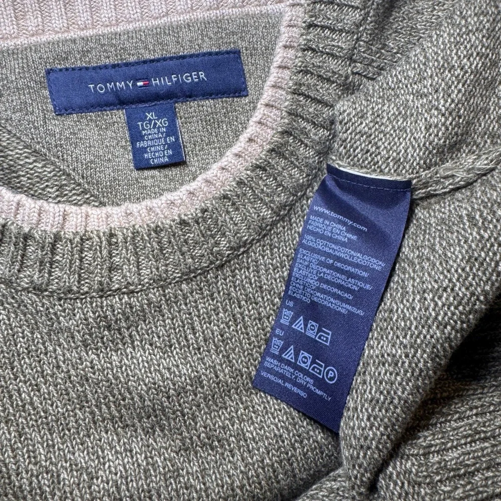 Tommy‎ Hilfiger Mens XL Olive Green Marled Cotton Crewneck Sweater Pullover Logo